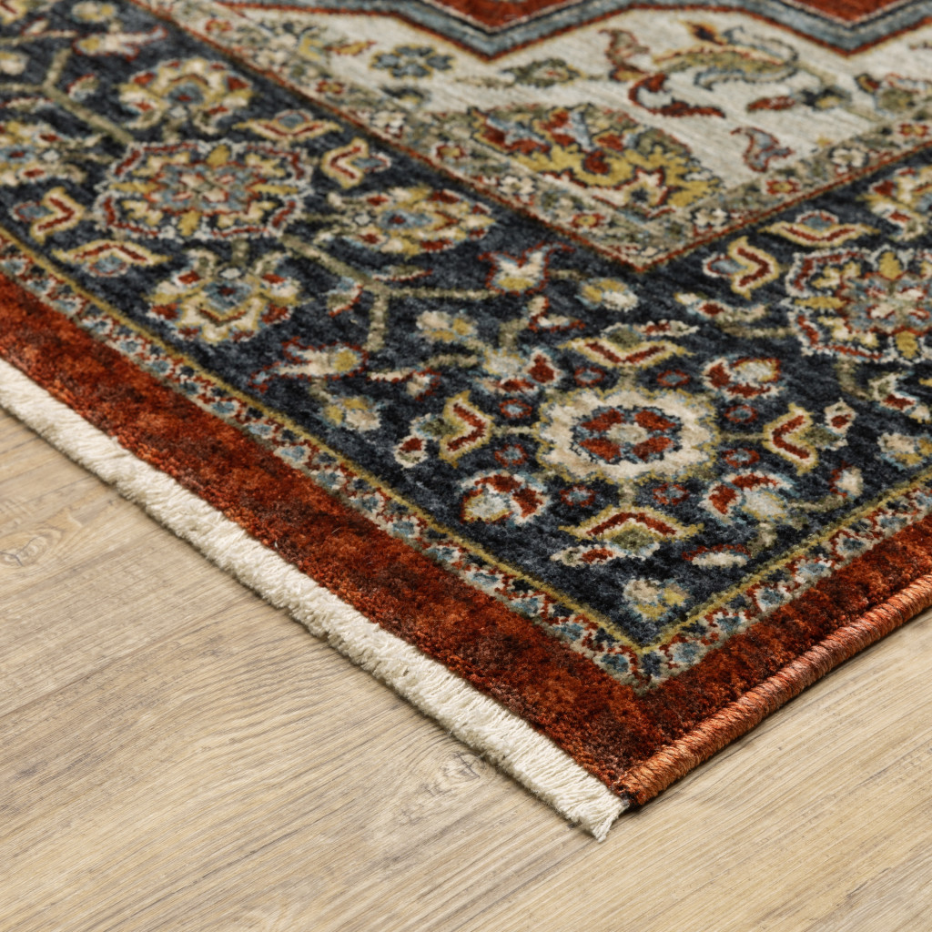 8" X 11" Red and Ivory Oriental Power Loom Area Rug With Fringe