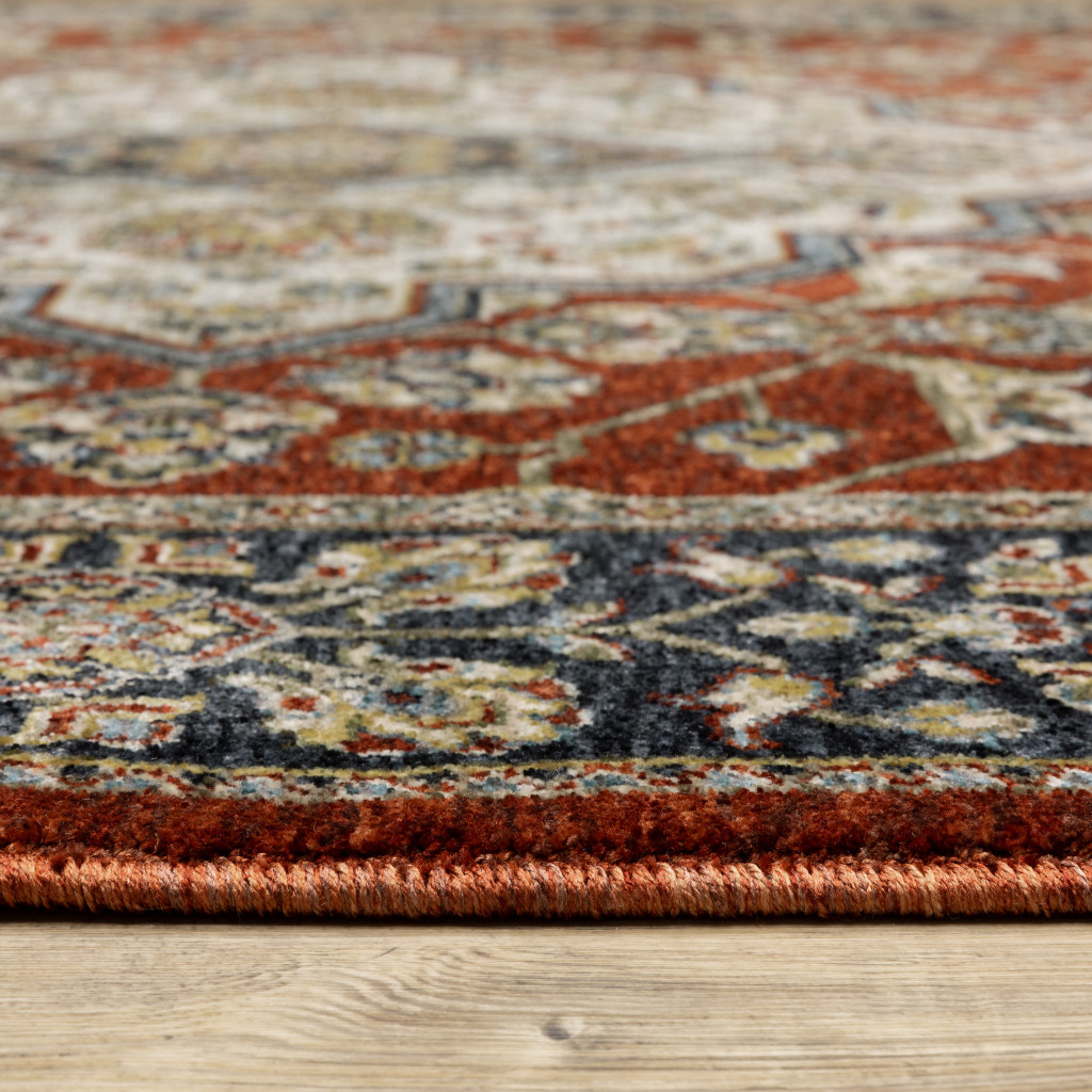 8" X 11" Red and Ivory Oriental Power Loom Area Rug With Fringe