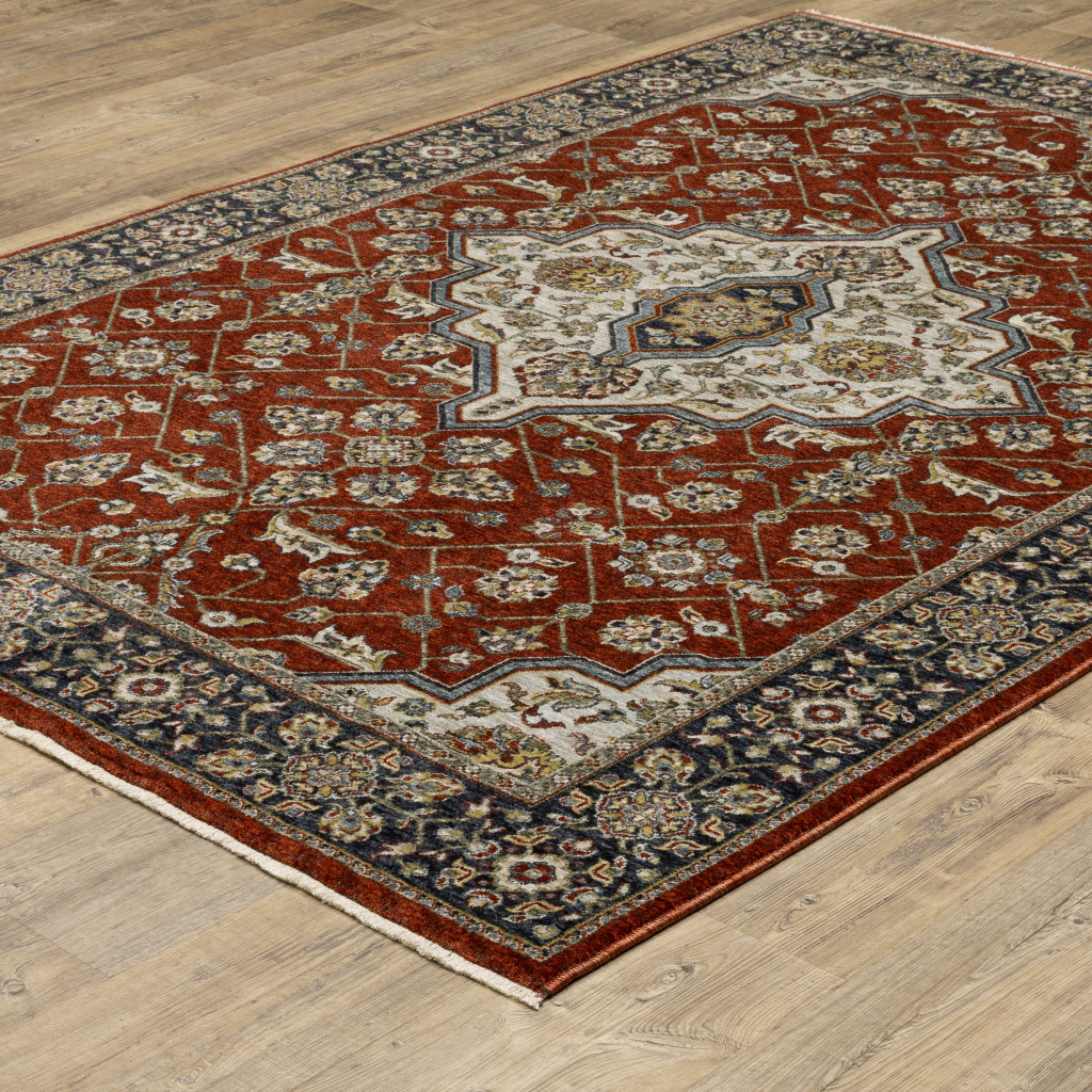 8" X 11" Red and Ivory Oriental Power Loom Area Rug With Fringe