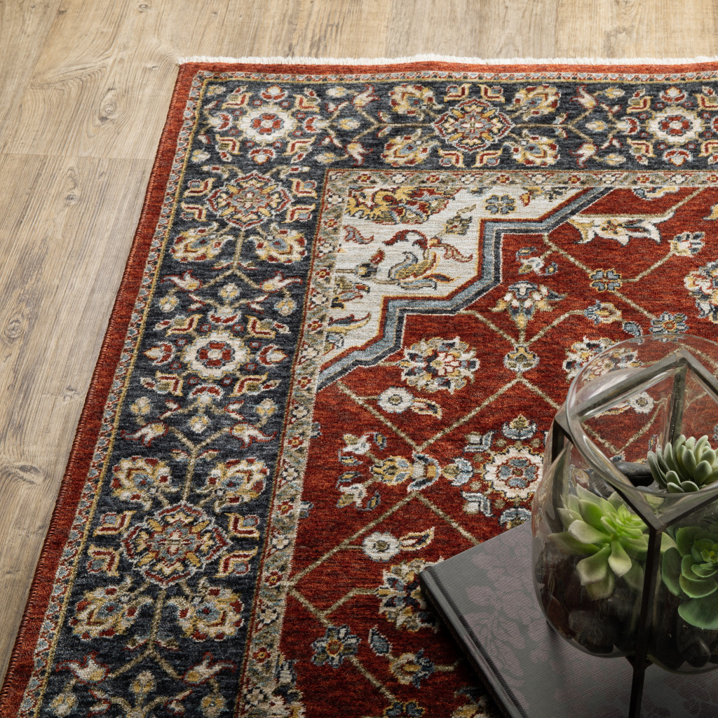 8" X 11" Red and Ivory Oriental Power Loom Area Rug With Fringe