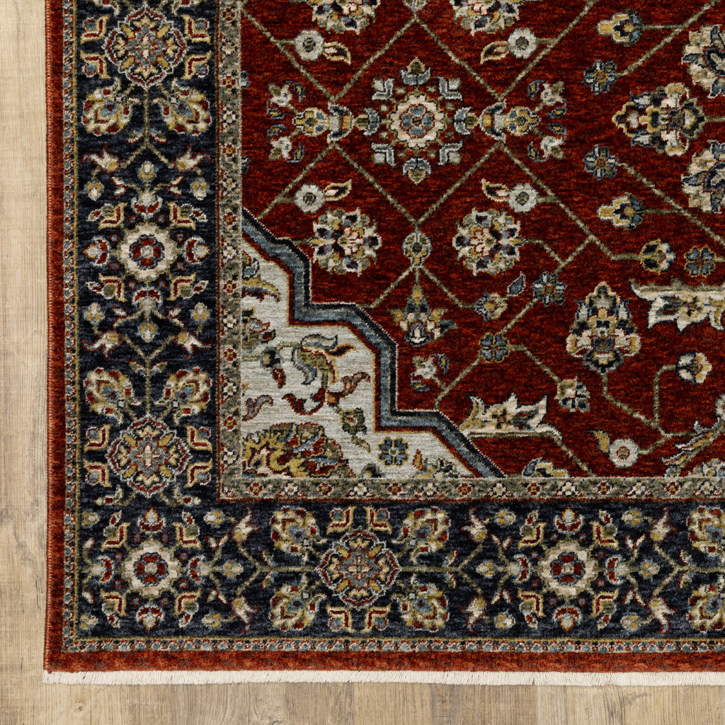 8" X 11" Red and Ivory Oriental Power Loom Area Rug With Fringe