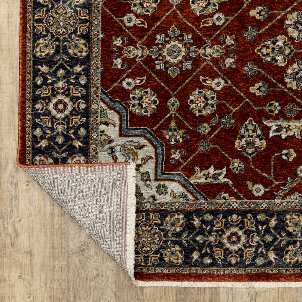 10" X 13" Red Ivory Blue Navy Gold And Grey Oriental Power Loom Stain Resistant Area Rug With Fringe