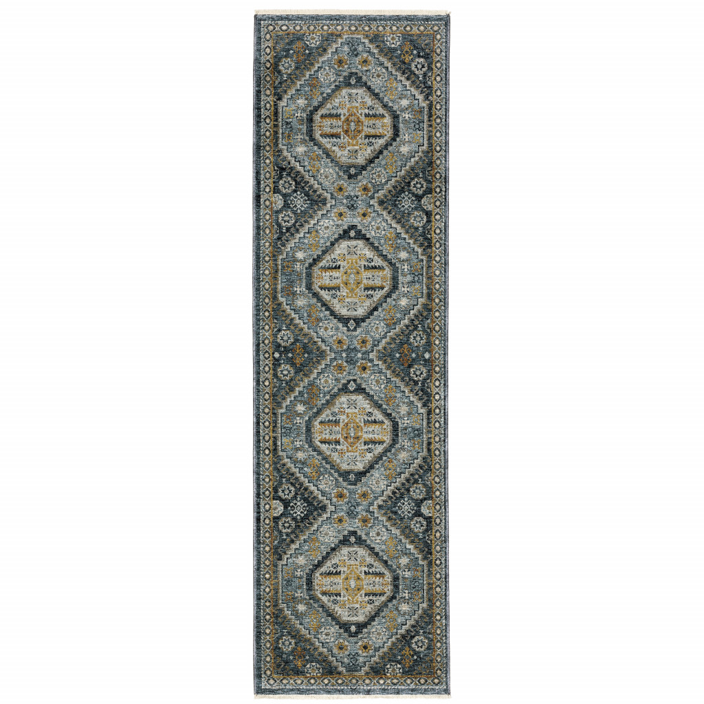 2 X 8 Blue gold Ivory And Navy Oriental Power Loom Stain Resistant Runner Rug With Fringe