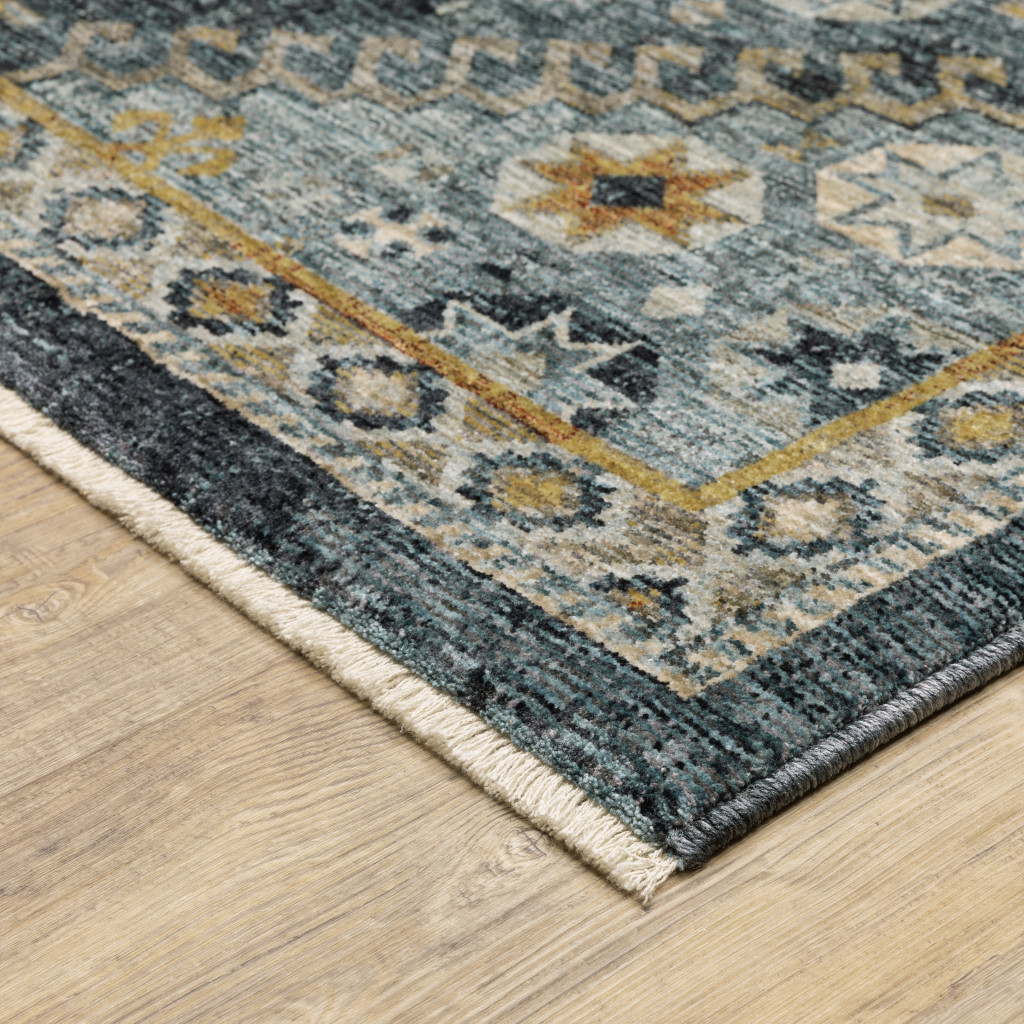 2" X 8" Blue Gold Ivory And Navy Oriental Power Loom Stain Resistant Runner Rug With Fringe