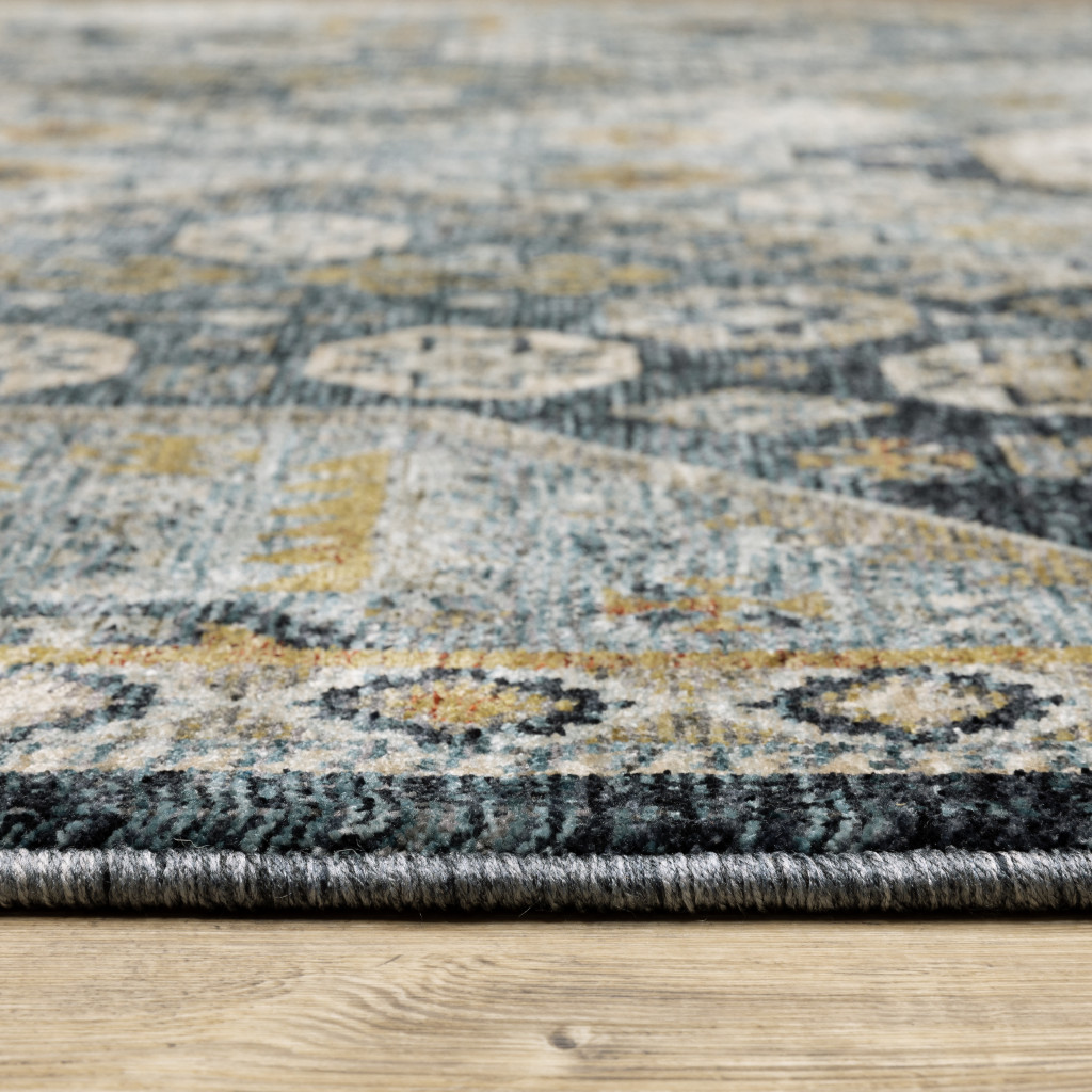 2 X 8 Blue gold Ivory And Navy Oriental Power Loom Stain Resistant Runner Rug With Fringe