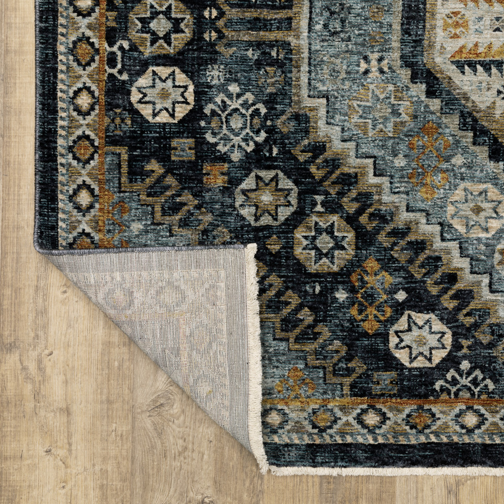 2" X 8" Blue Gold Ivory And Navy Oriental Power Loom Stain Resistant Runner Rug With Fringe