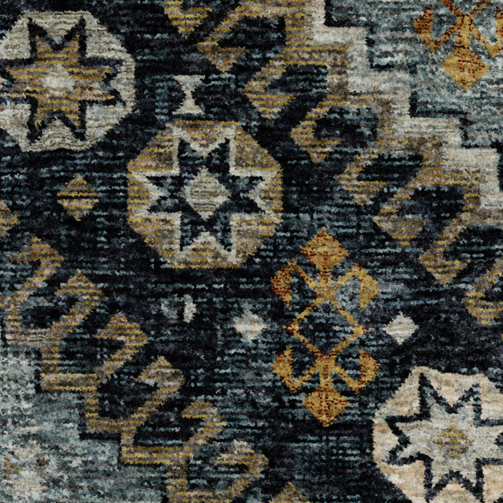 2" X 8" Blue Gold Ivory And Navy Oriental Power Loom Stain Resistant Runner Rug With Fringe