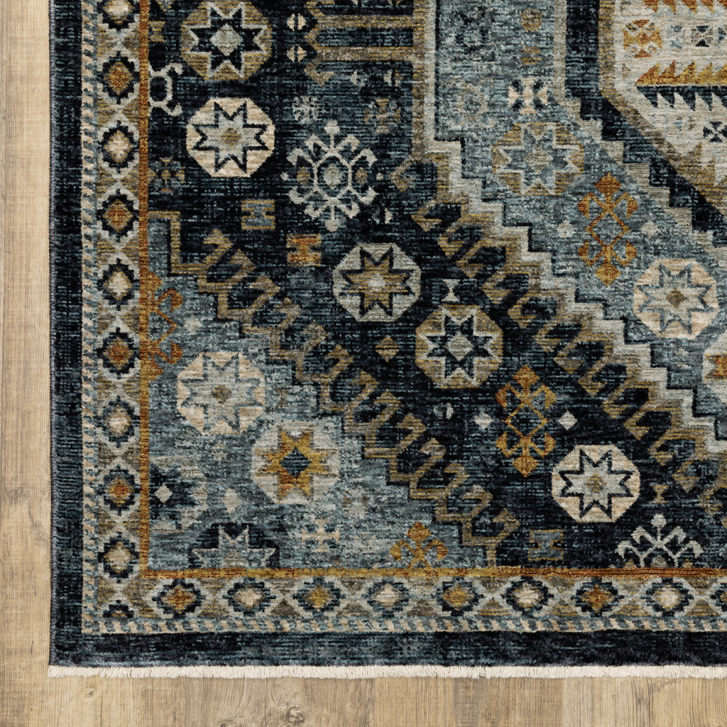 2" X 8" Blue Gold Ivory And Navy Oriental Power Loom Stain Resistant Runner Rug With Fringe