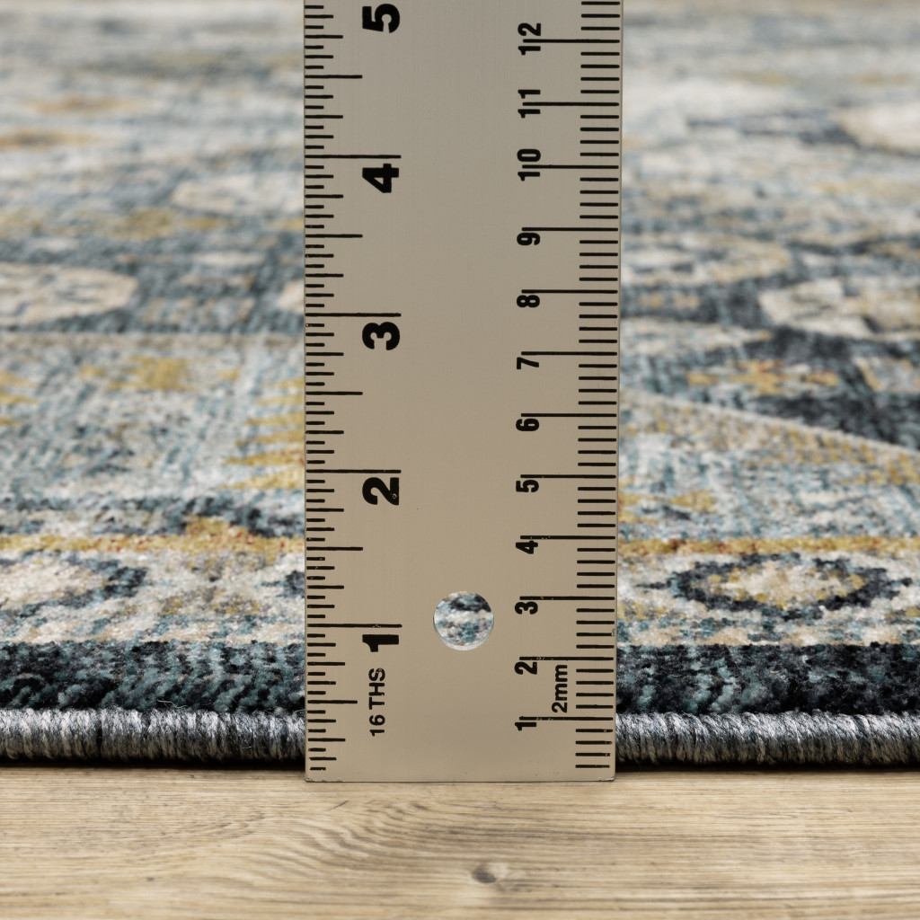 2" X 8" Blue Gold Ivory And Navy Oriental Power Loom Stain Resistant Runner Rug With Fringe
