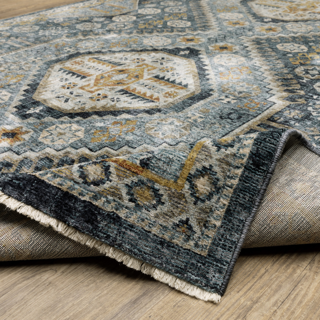 2" X 8" Blue Gold Ivory And Navy Oriental Power Loom Stain Resistant Runner Rug With Fringe