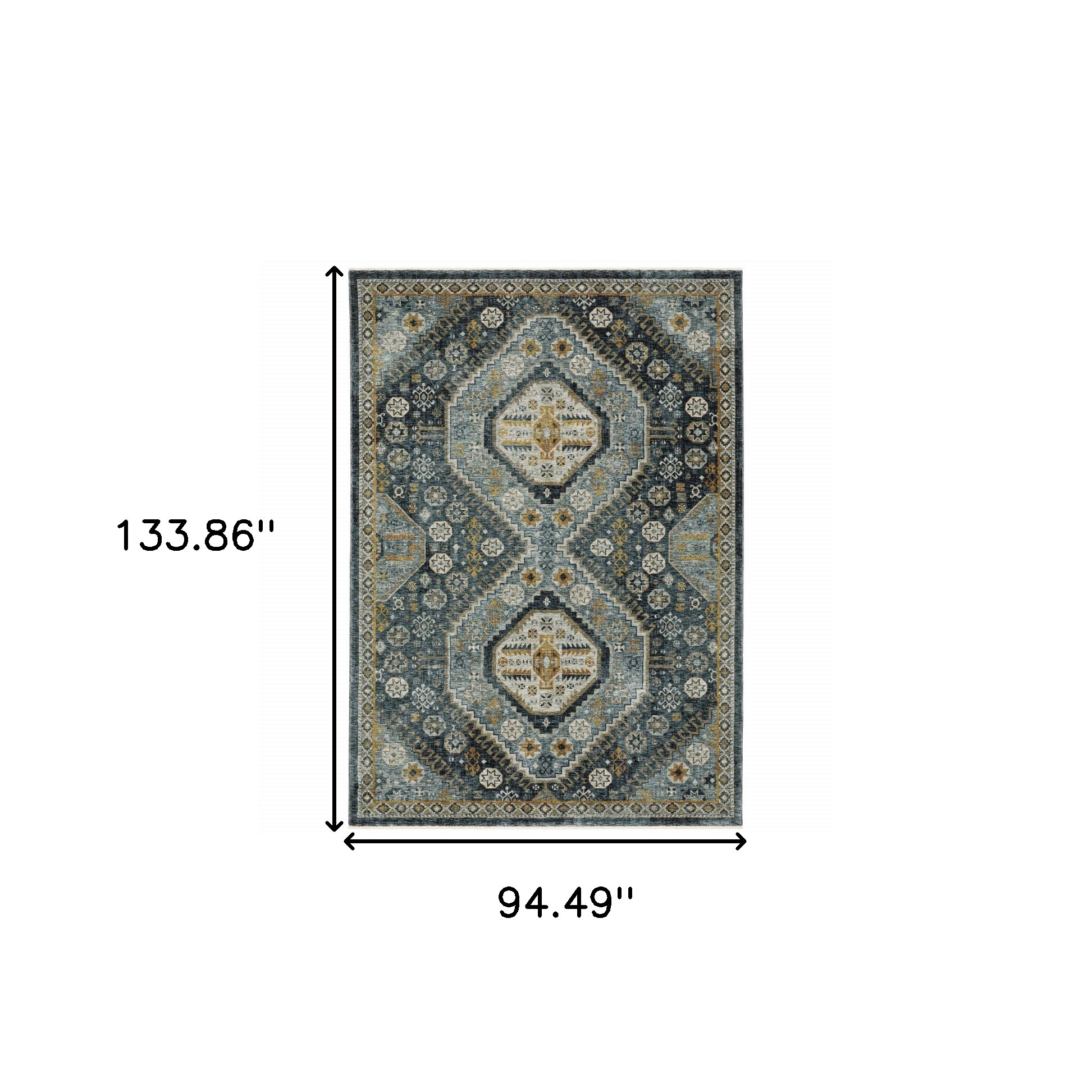 8" X 11" Blue and Ivory Oriental Power Loom Area Rug With Fringe
