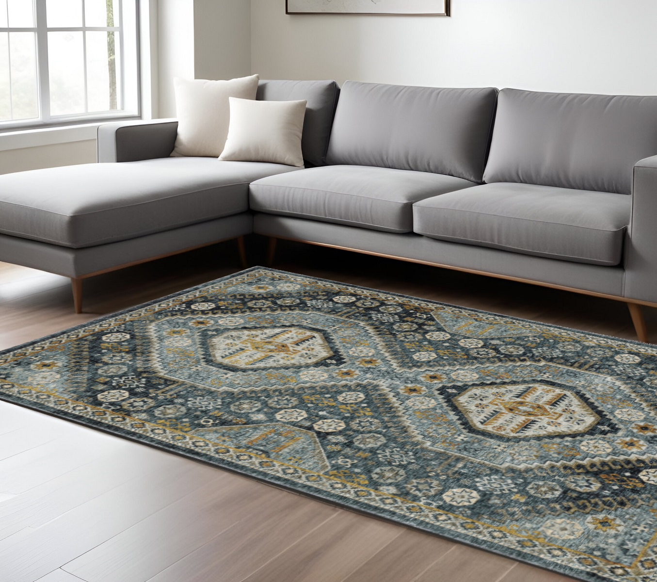 8" X 11" Blue and Ivory Oriental Power Loom Area Rug With Fringe