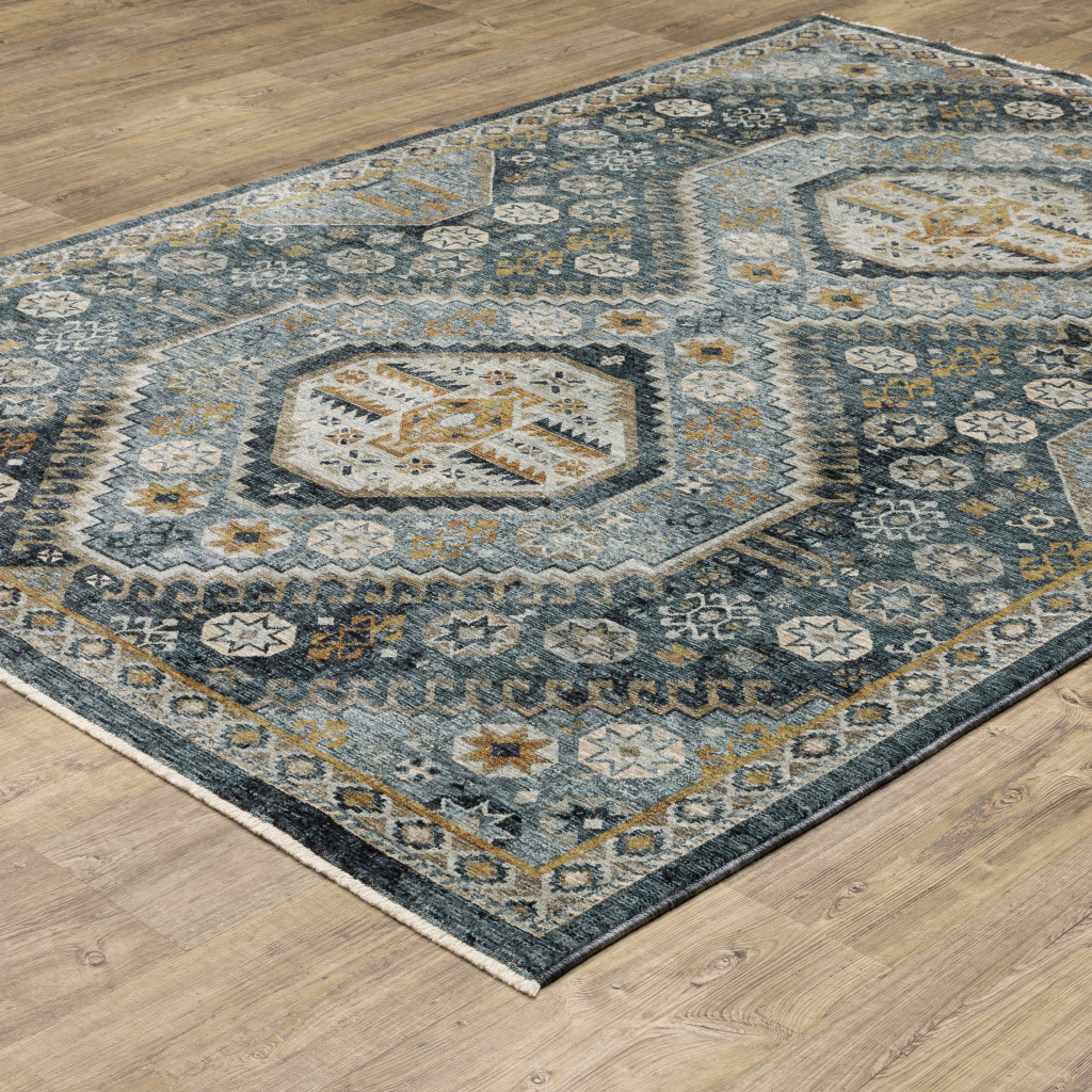 8" X 11" Blue and Ivory Oriental Power Loom Area Rug With Fringe