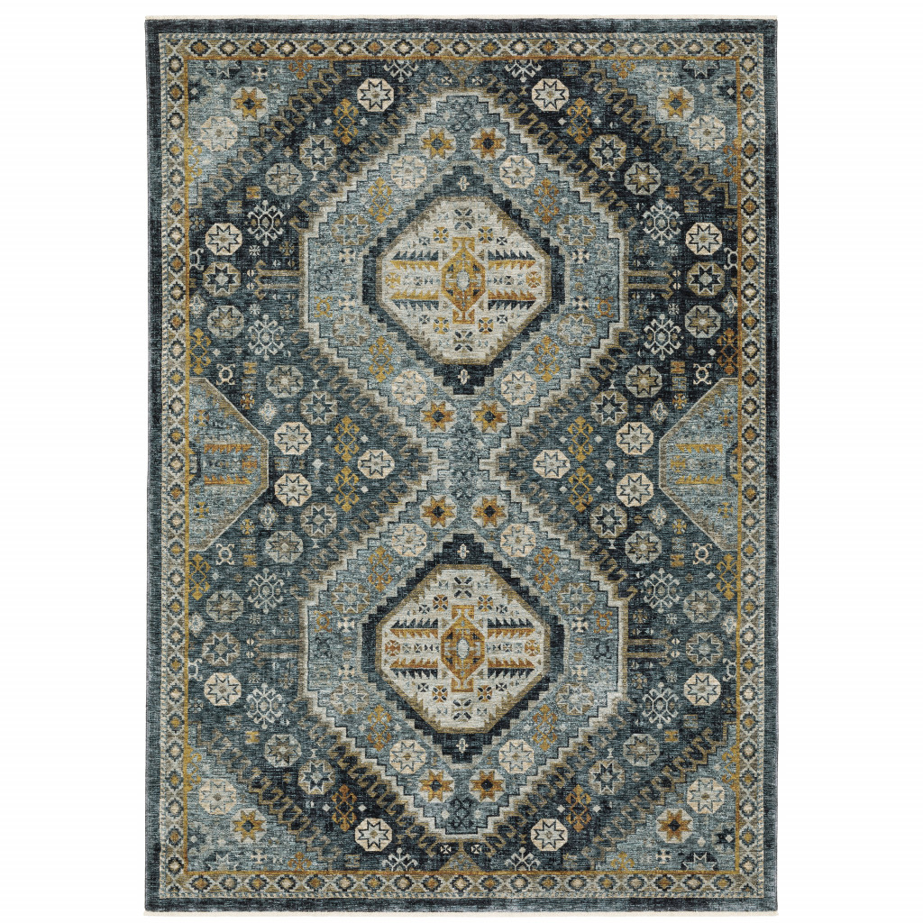 10" X 13" Blue Gold Ivory And Navy Oriental Power Loom Stain Resistant Area Rug With Fringe