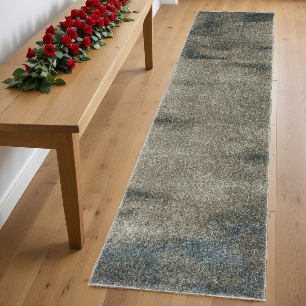 8" Runner Grey and Teal Blue Abstract Power Loom Runner Rug