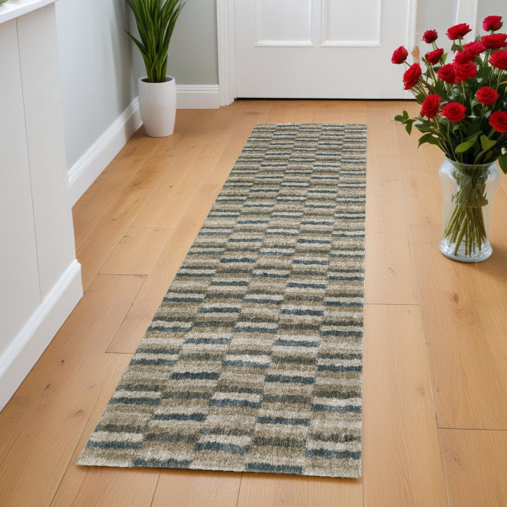 8" Runner Teal Blue Geometric Power Loom Runner Rug