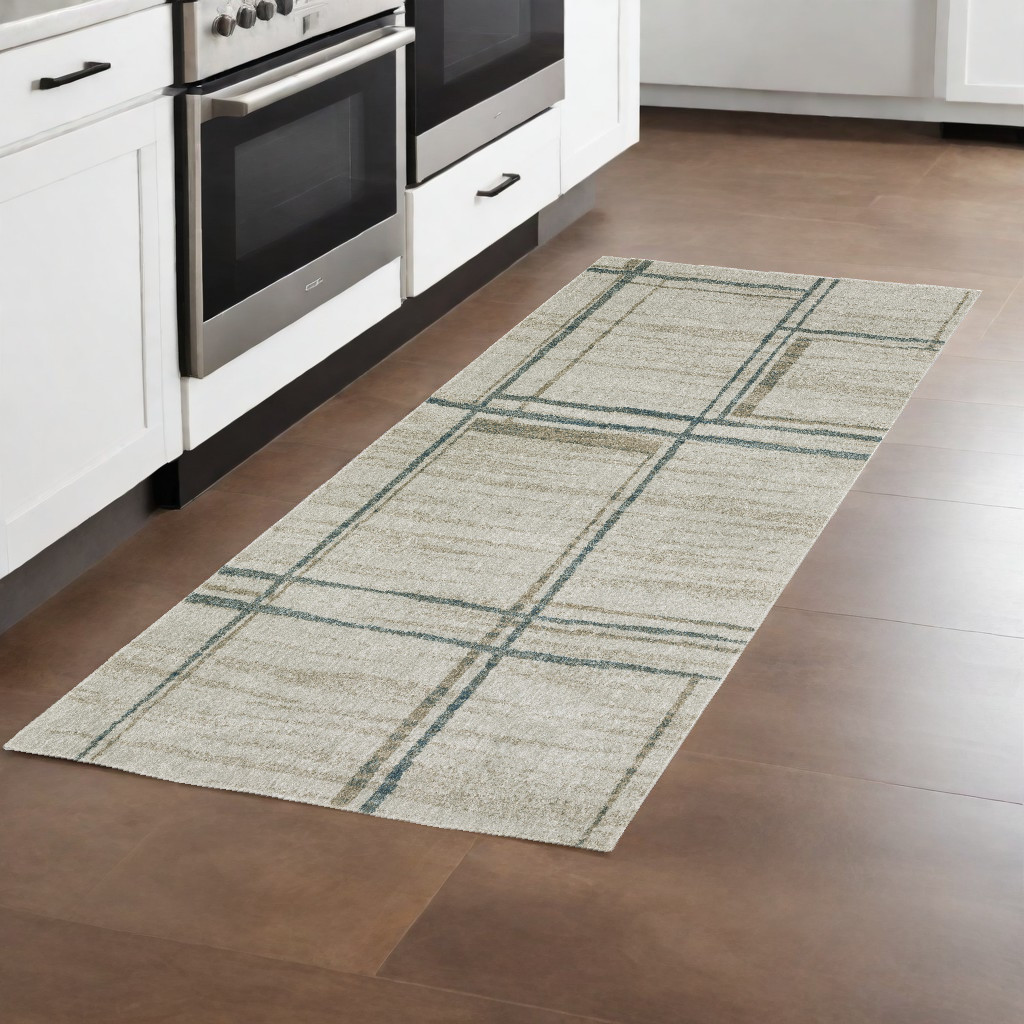 8" Runner Grey Teal Beige and Tan Geometric Power Loom Runner Rug