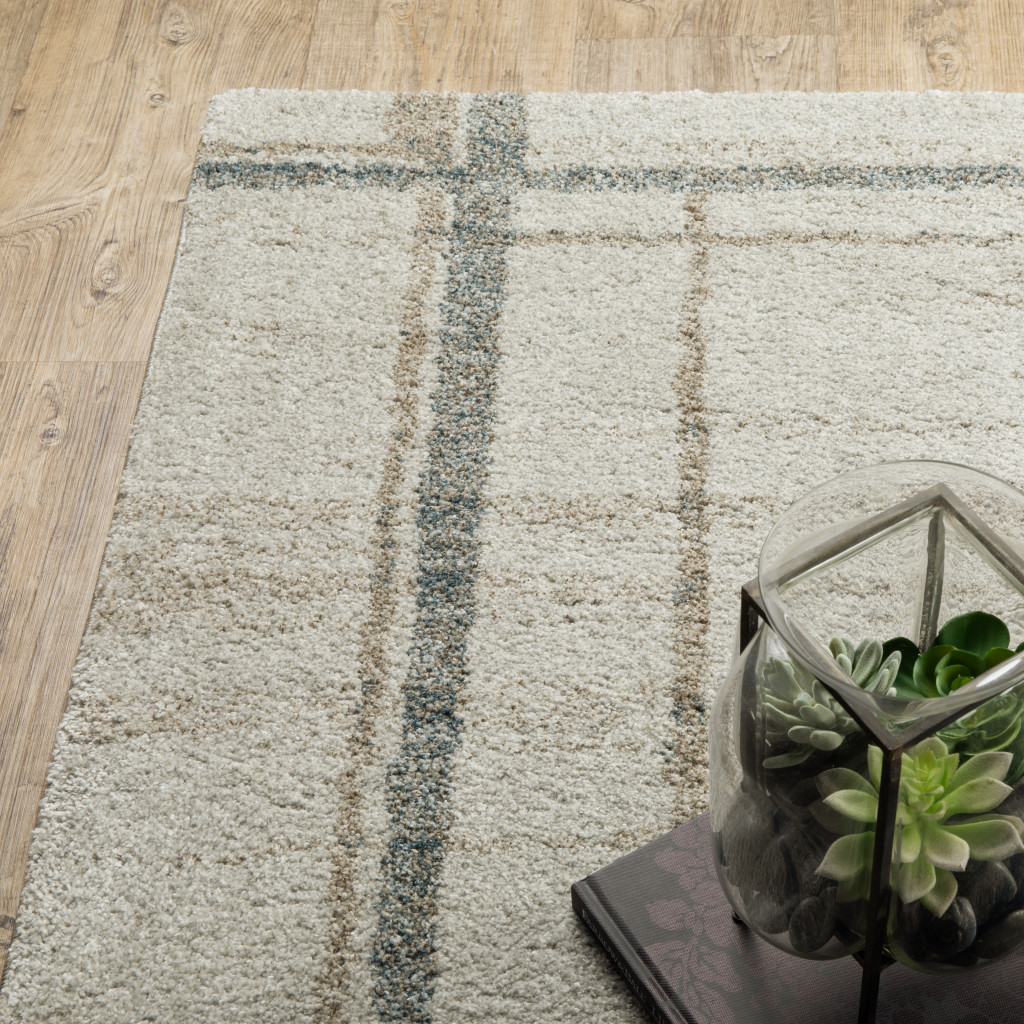 8" Runner Grey Teal Beige and Tan Geometric Power Loom Runner Rug