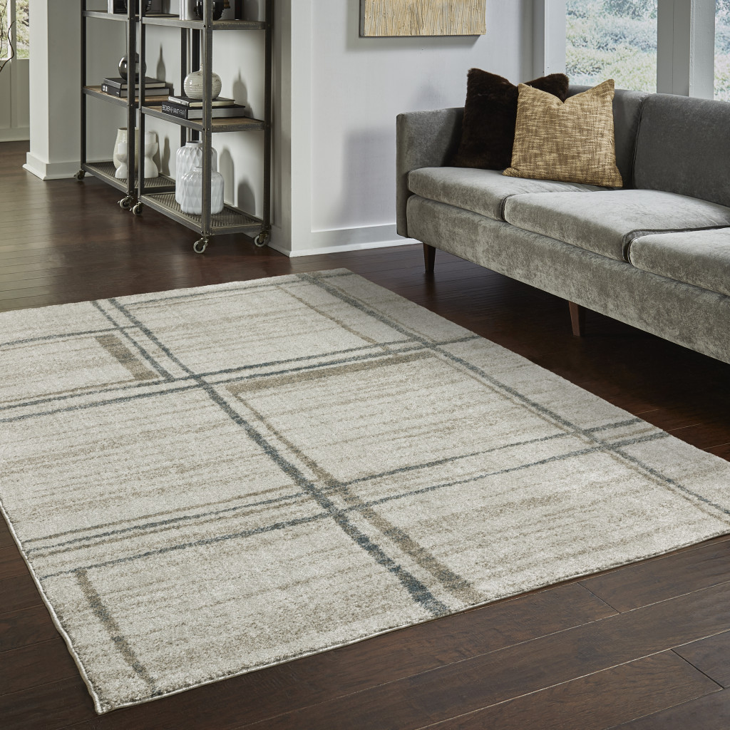 8" X 11" Beige Blue and Gray Geometric Power Loom Area Rug