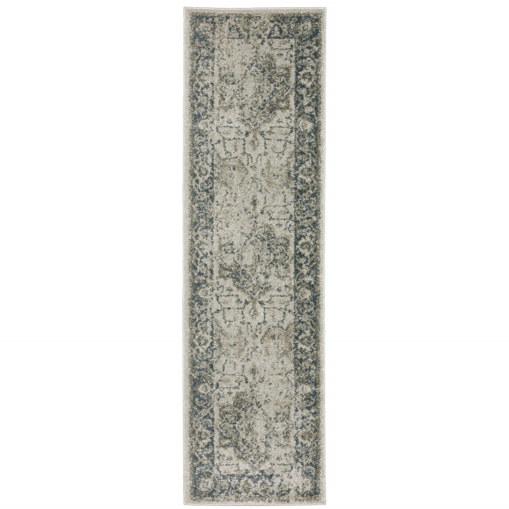 2 X 8 grey Blue And Teal Oriental Power Loom Stain Resistant Runner Rug