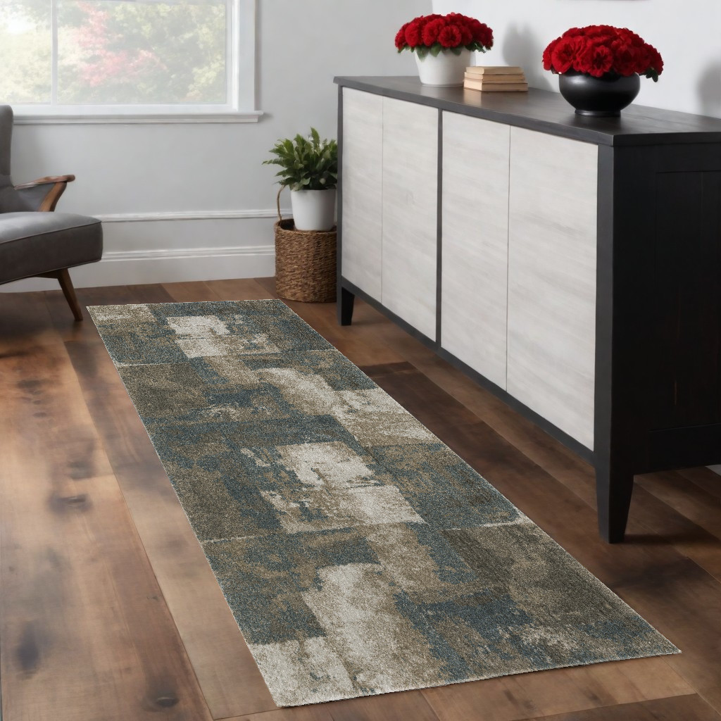 8" Runner Teal Blue Geometric Power Loom Runner Rug