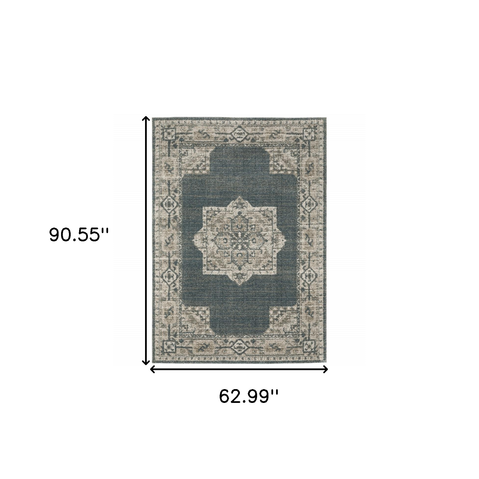 5" X 8" Blue and Beige Oriental Power Loom Area Rug