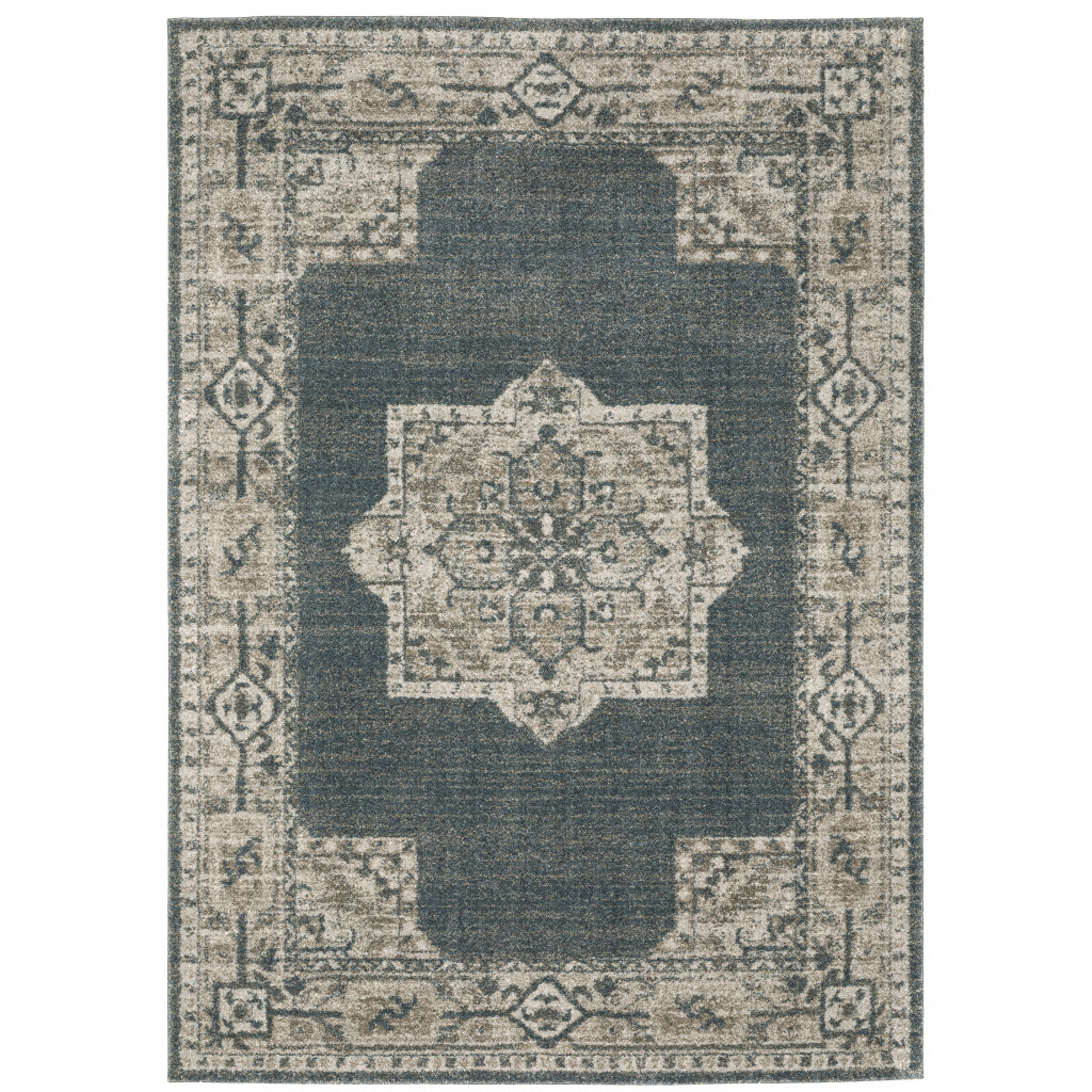 8" X 11" Blue and Beige Oriental Power Loom Area Rug