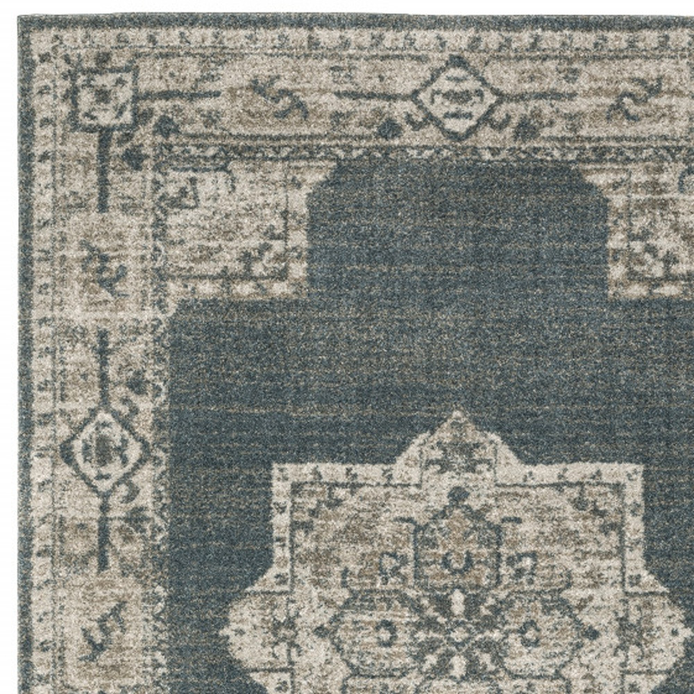 8" X 11" Blue and Beige Oriental Power Loom Area Rug
