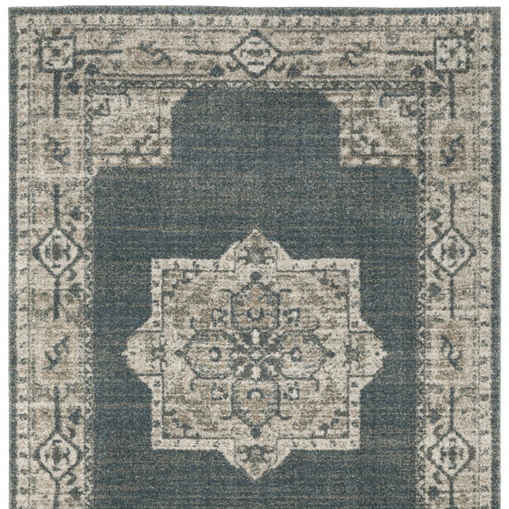 8" X 11" Blue and Beige Oriental Power Loom Area Rug