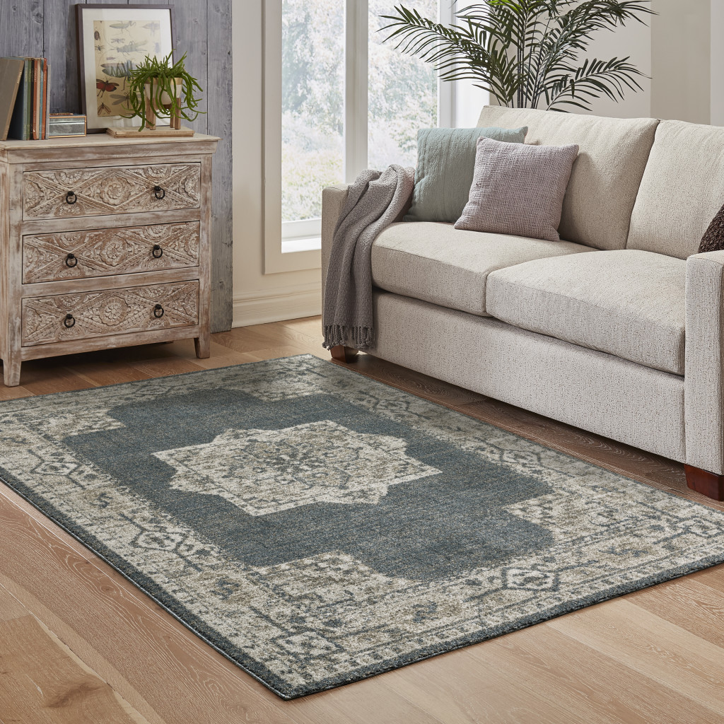 8" X 11" Blue and Beige Oriental Power Loom Area Rug