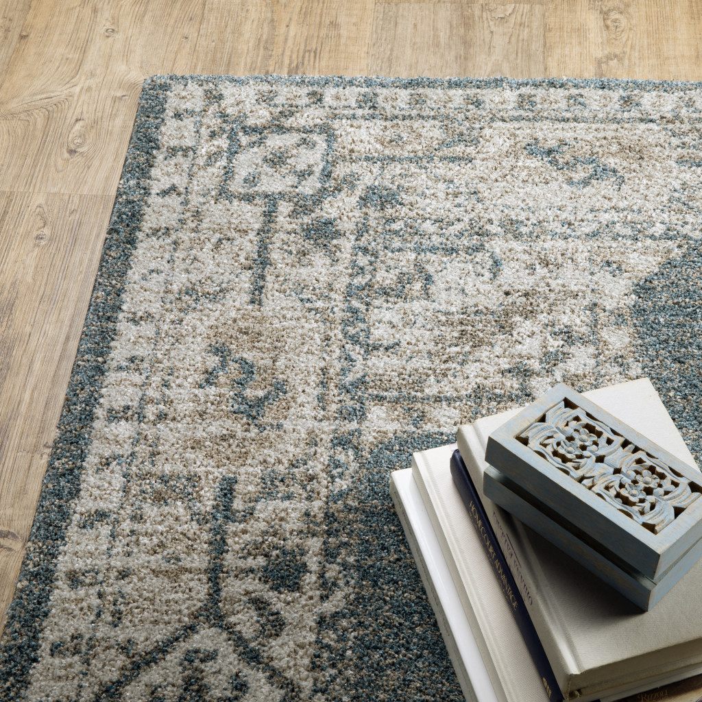 8" X 11" Blue and Beige Oriental Power Loom Area Rug