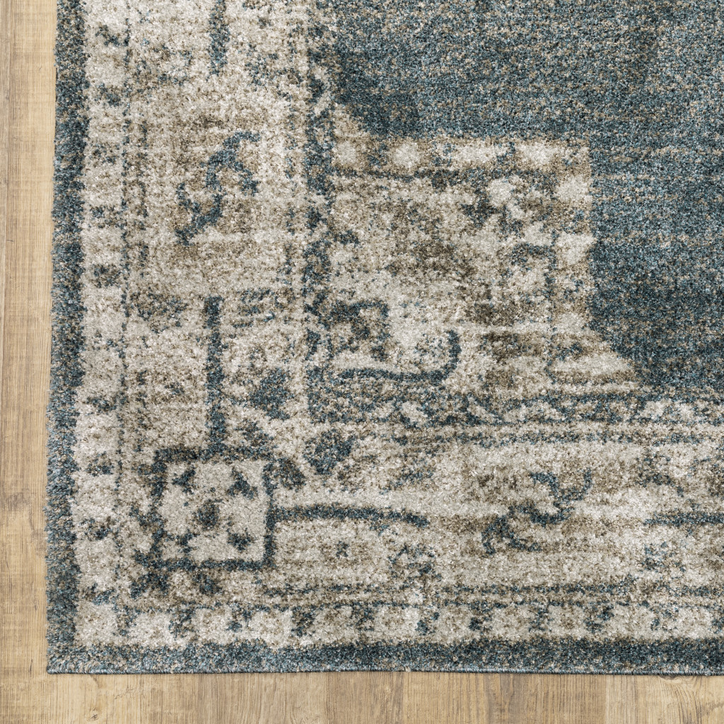 8" X 11" Blue and Beige Oriental Power Loom Area Rug