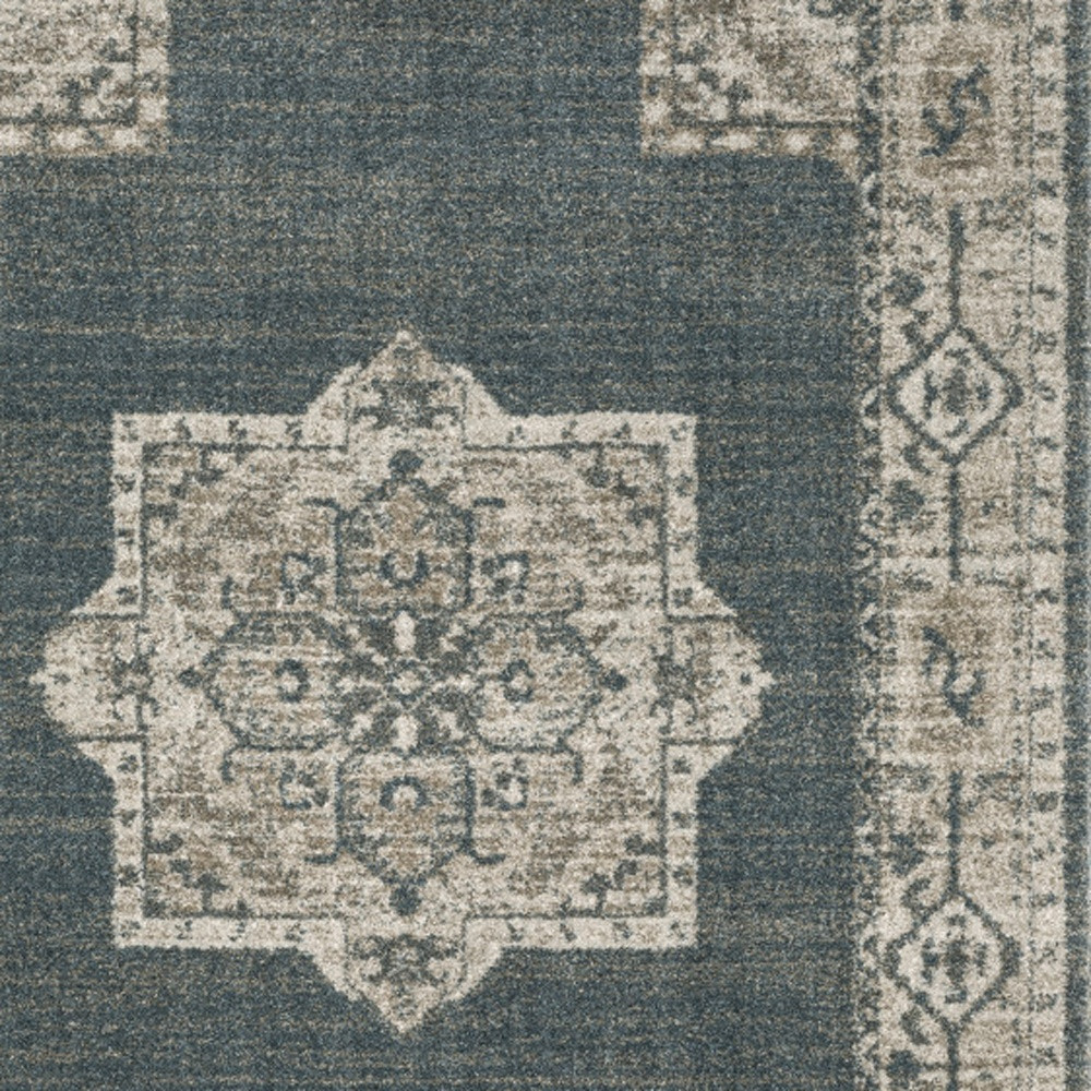 10" X 13" Blue and Beige Oriental Power Loom Area Rug