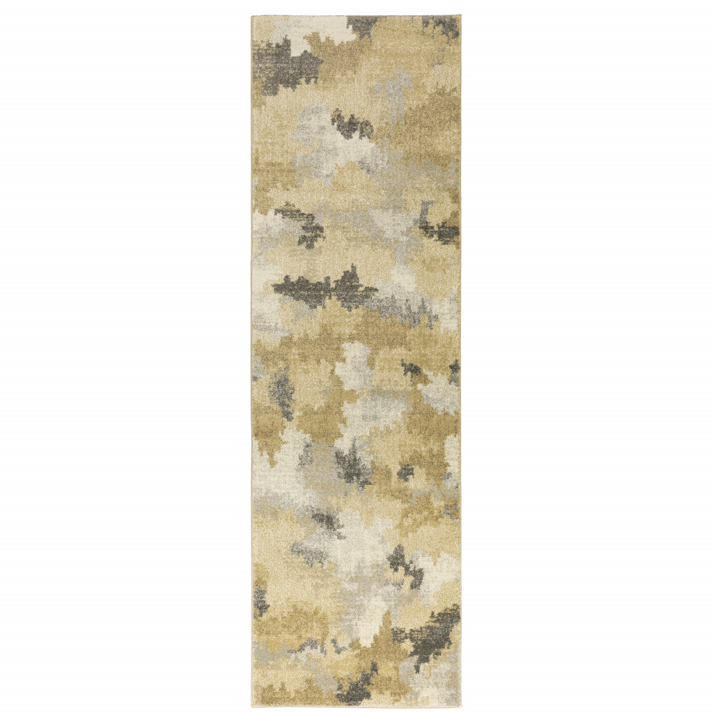 2 X 8 Beige grey And gold Abstract Power Loom Stain Resistant Runner Rug