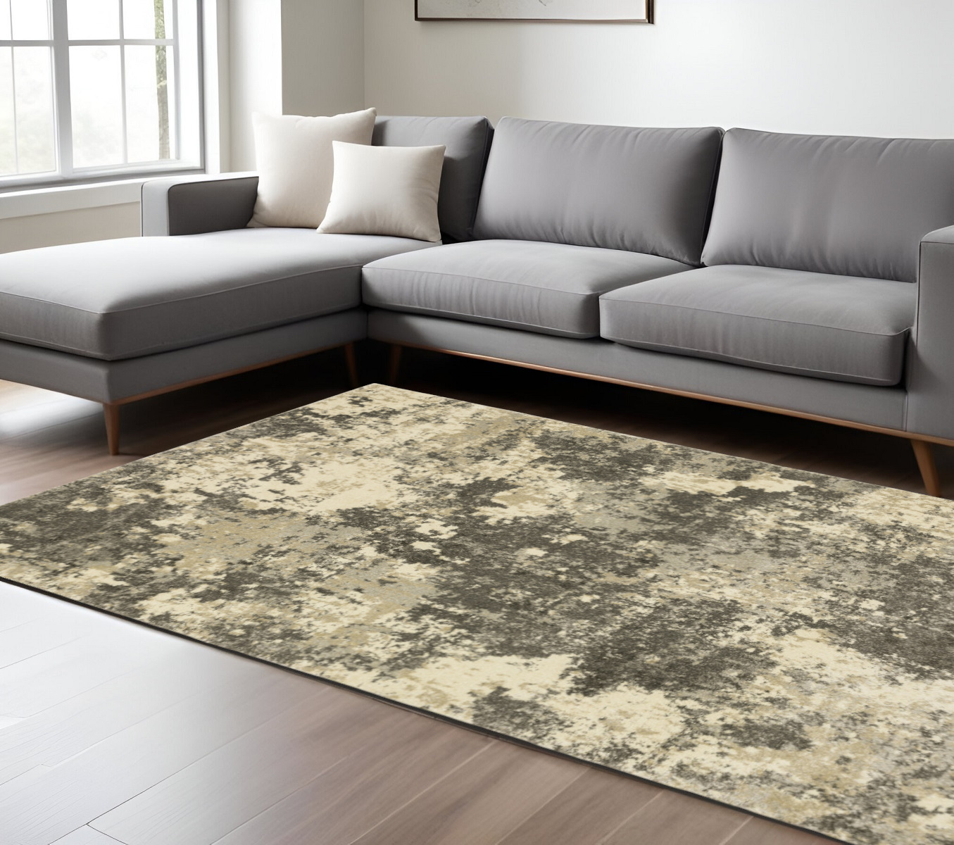 7" X 10" Gray and Ivory Abstract Power Loom Area Rug
