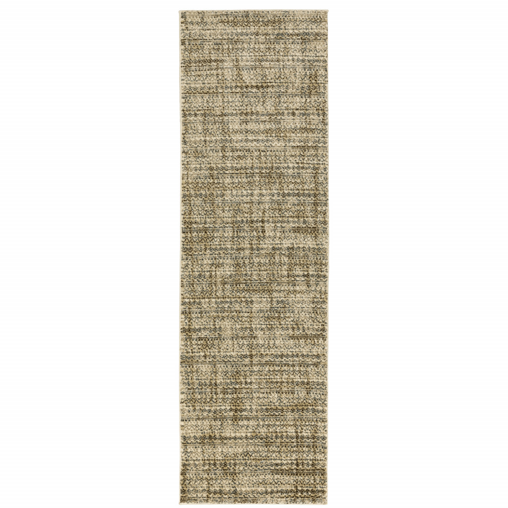 2" X 8" Beige Brown Tan And Blue Green Abstract Power Loom Stain Resistant Runner Rug