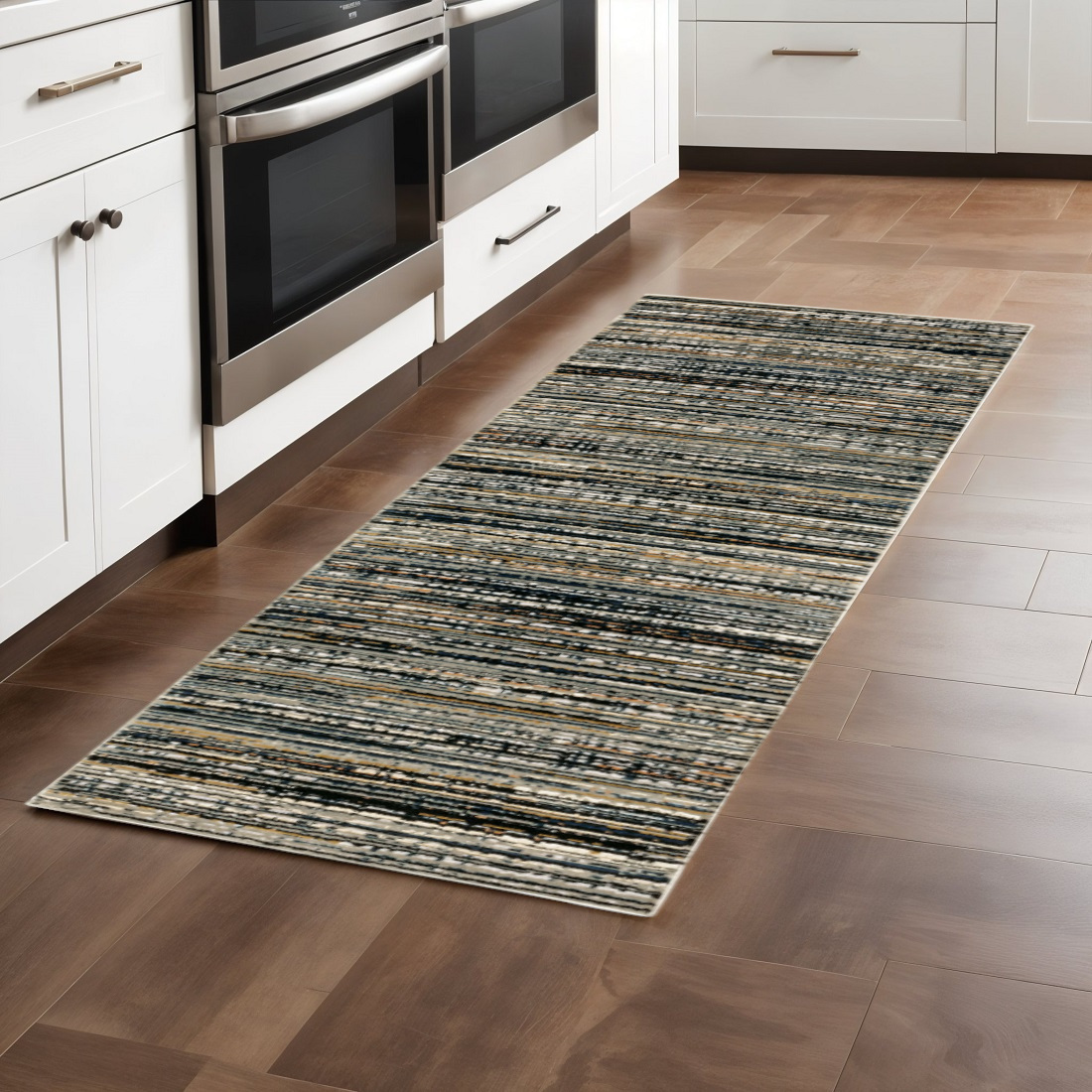 2' X 8' Black Navy Gold Ivory And Blush Abstract Power Loom Stain Resistant Runner Rug-508332-1
