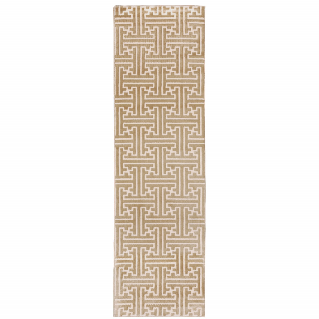 2" X 8" Gold And Ivory Geometric Power Loom Stain Resistant Runner Rug