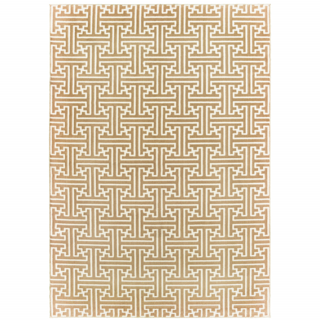 4 X 6 gold And Ivory geometric Power Loom Stain Resistant Area Rug