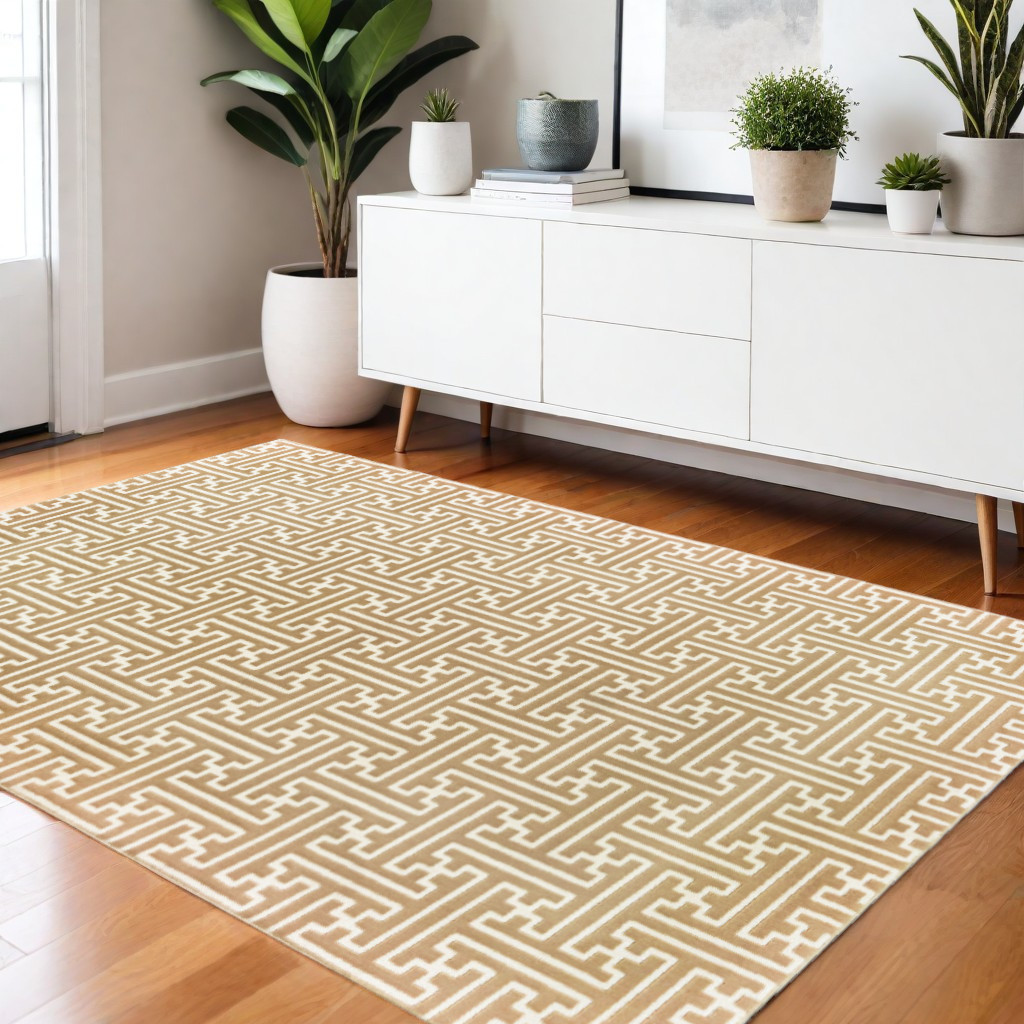 4" X 6" Gold And Ivory Geometric Power Loom Stain Resistant Area Rug