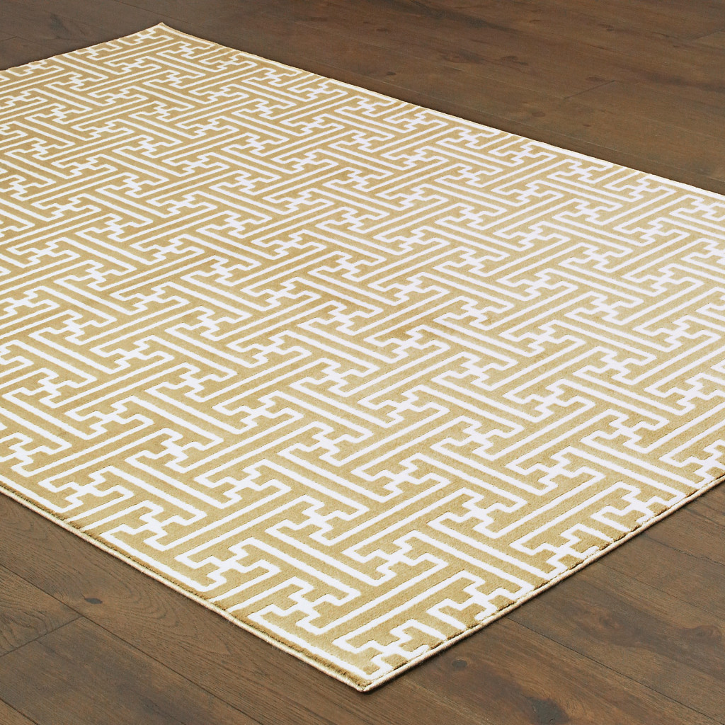 8" X 11" Gold And Ivory Geometric Power Loom Stain Resistant Area Rug