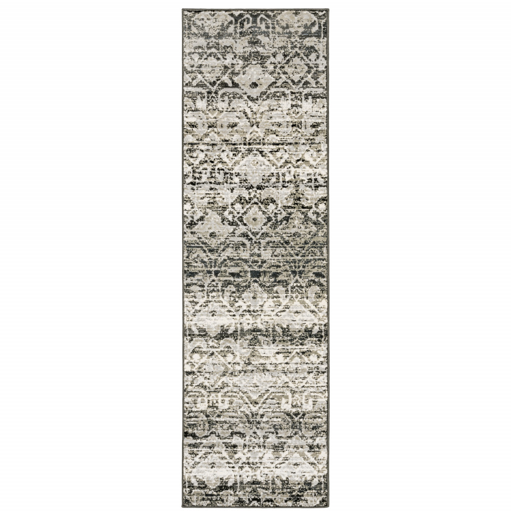 2" X 8" Grey And Ivory Geometric Power Loom Stain Resistant Runner Rug