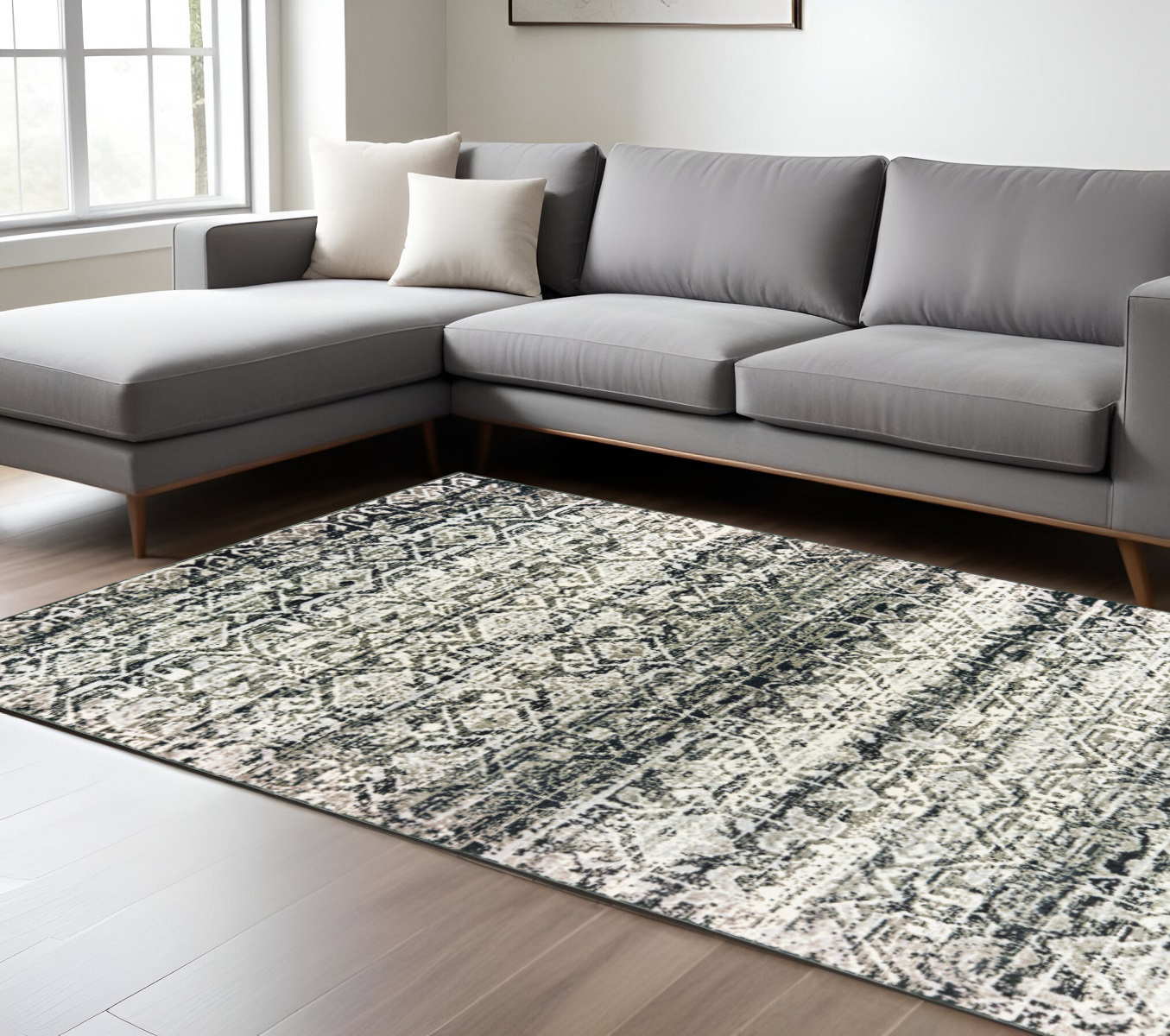 7" X 10" Gray and Ivory Geometric Power Loom Area Rug