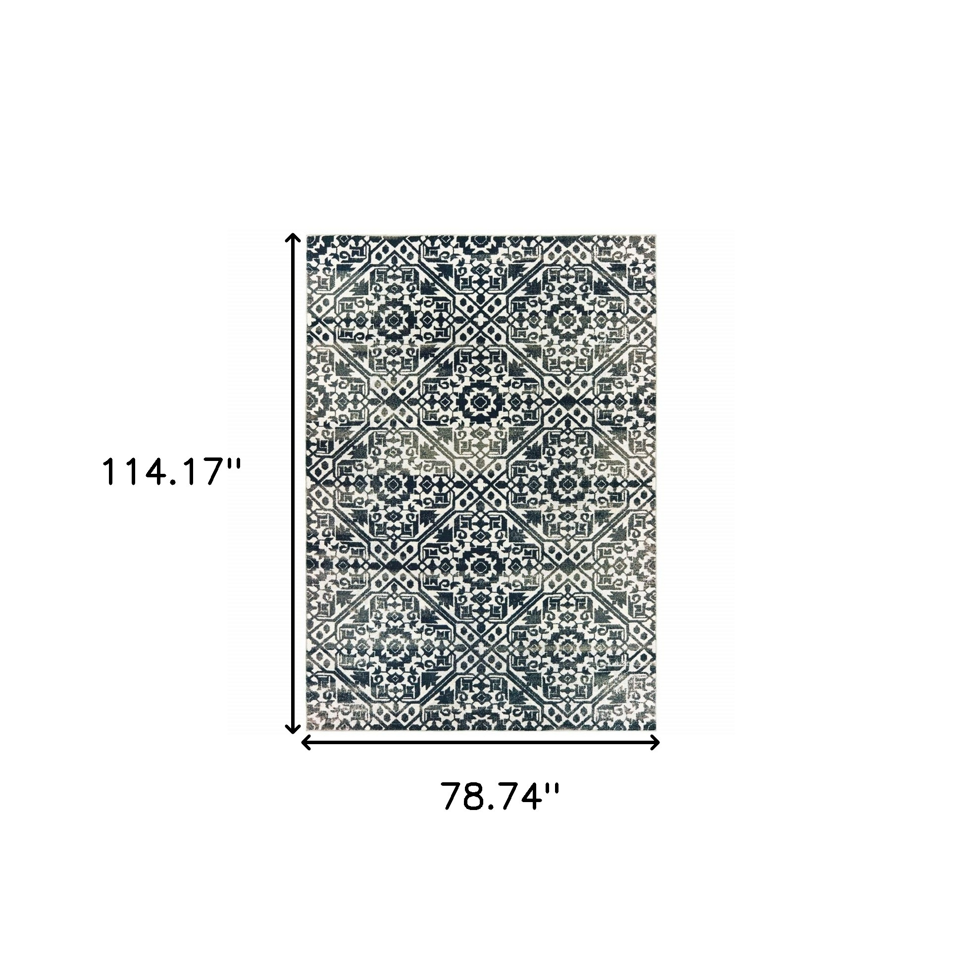 7" X 10" Blue and Ivory Geometric Power Loom Area Rug