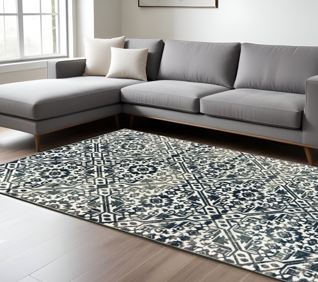 7" X 10" Blue and Ivory Geometric Power Loom Area Rug