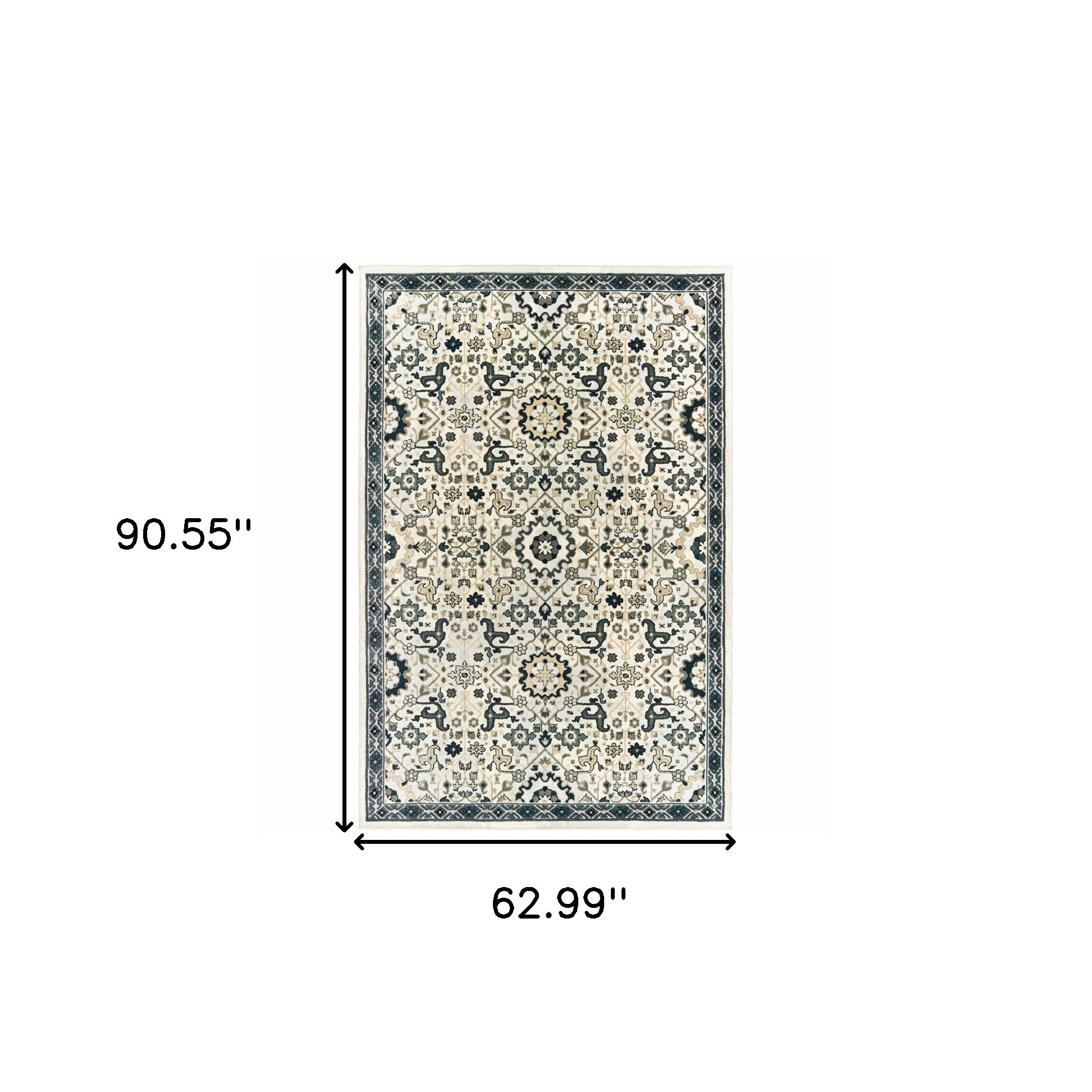 5" X 8" Ivory Navy And Gold Oriental Power Loom Stain Resistant Area Rug