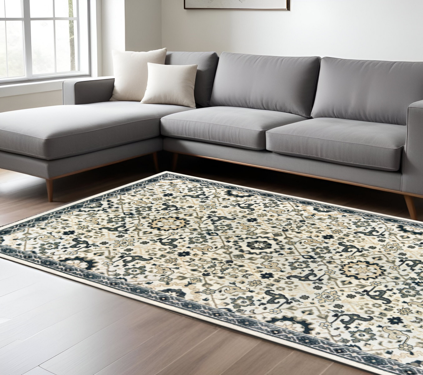 7" X 10" Ivory and Blue Oriental Power Loom Area Rug