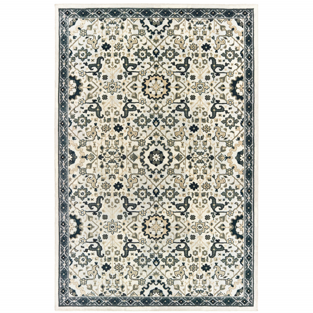 8" X 11" Ivory Navy And Gold Oriental Power Loom Stain Resistant Area Rug