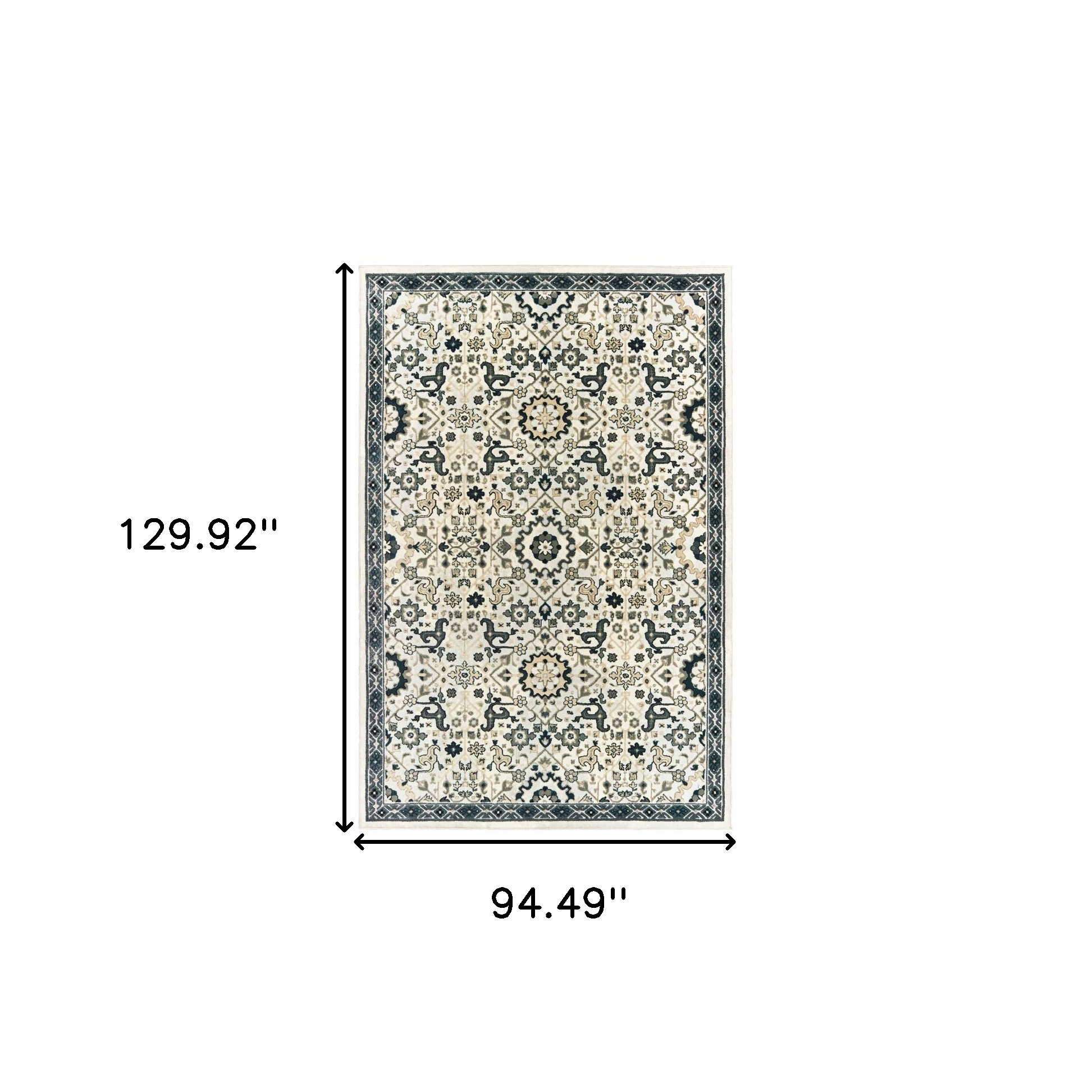 8" X 11" Ivory Navy And Gold Oriental Power Loom Stain Resistant Area Rug