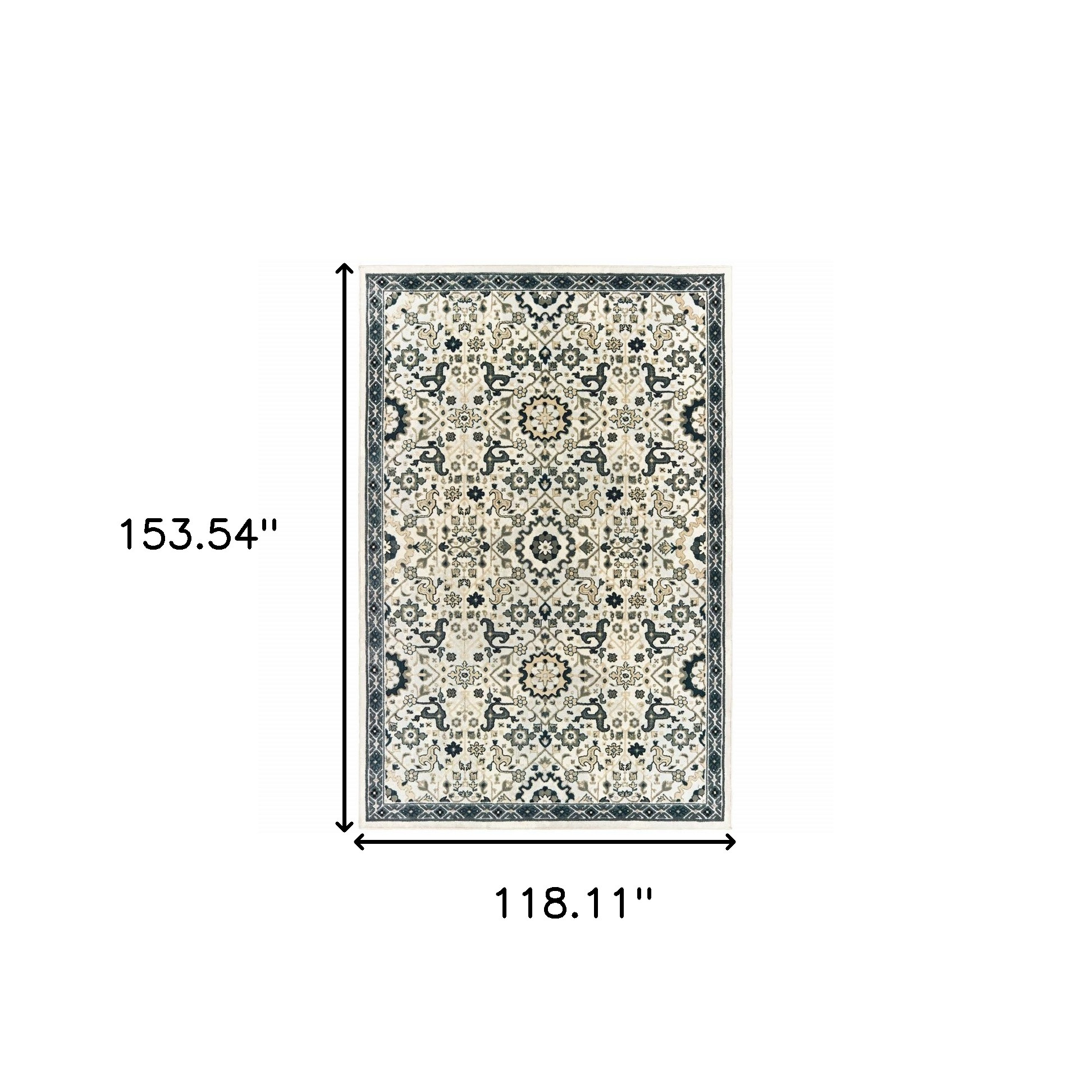 10" X 13" Ivory Navy And Gold Oriental Power Loom Stain Resistant Area Rug